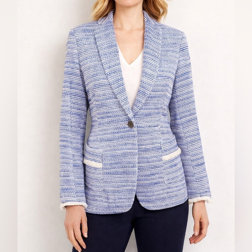 Vilagallo Blue White Striped Fringe Tweed Textured bouclé Blazer Jacket 40 US 8
